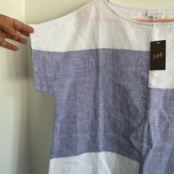 J. Jill Tops - PURE JILL Top - White Linen Short Sleeve Pullover, Blue Color Block, Small‎